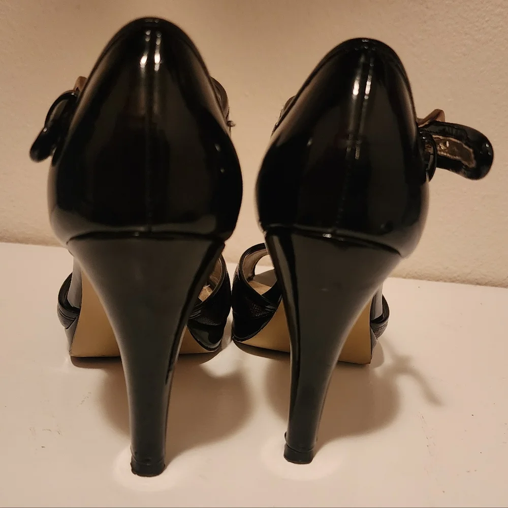 Anne Klein Etenia Leopard Print Black Patent Leather Open Toe Shoes Women's 7m - Picture 4 of 6